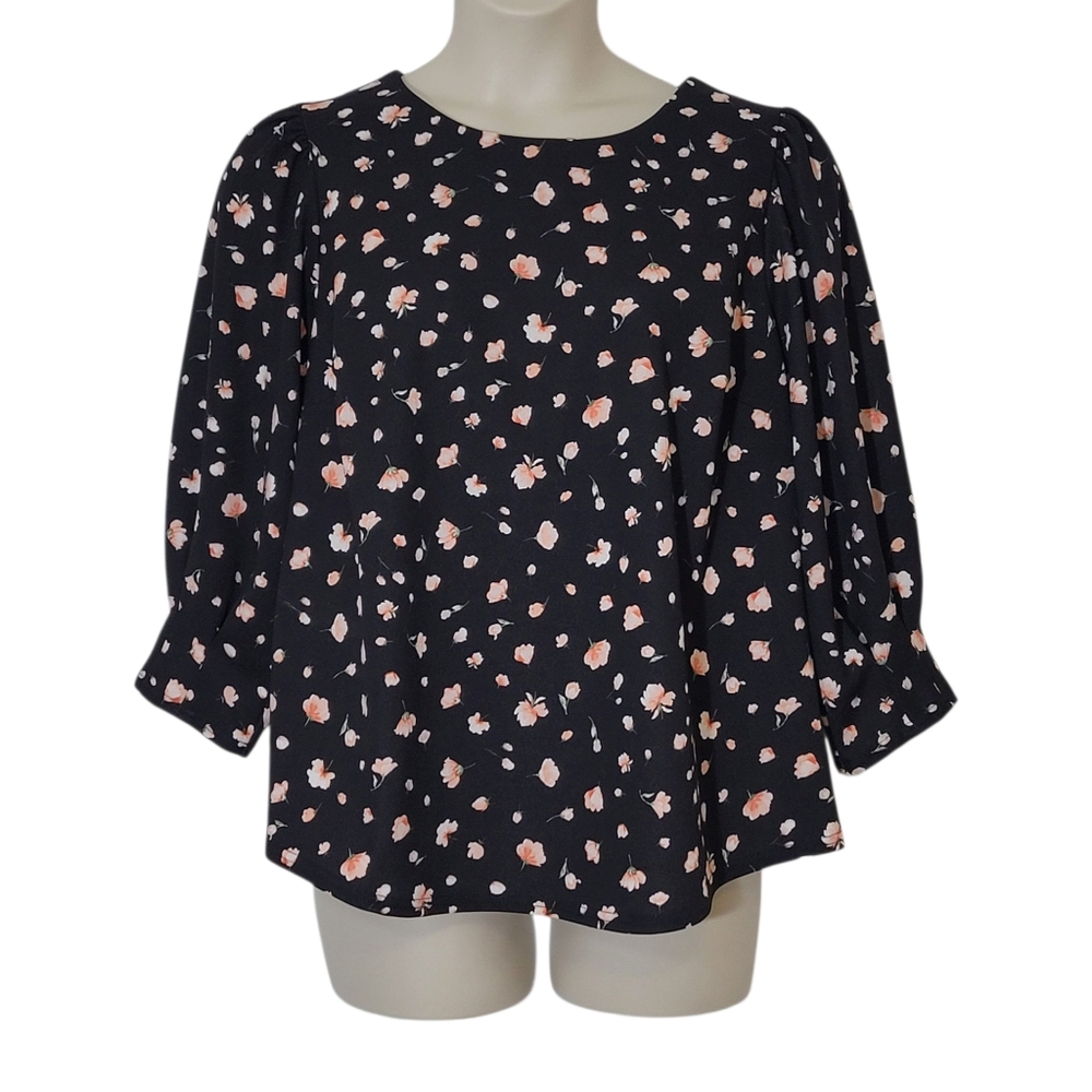 Melloday Black Ditsy Floral Print Top Plus Size 1x NWT
